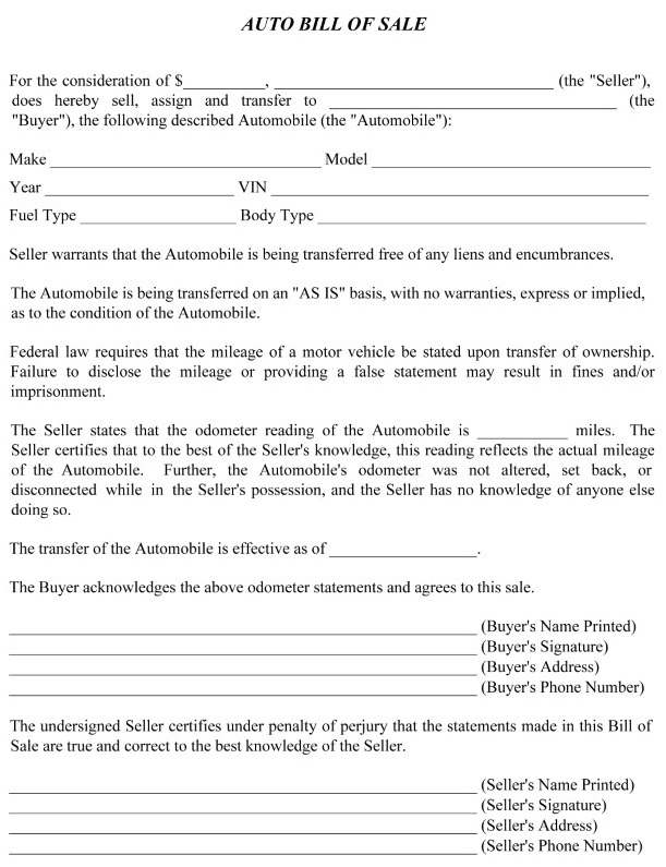 Printable Simple Auto Bill of Sale Form PDF Word
